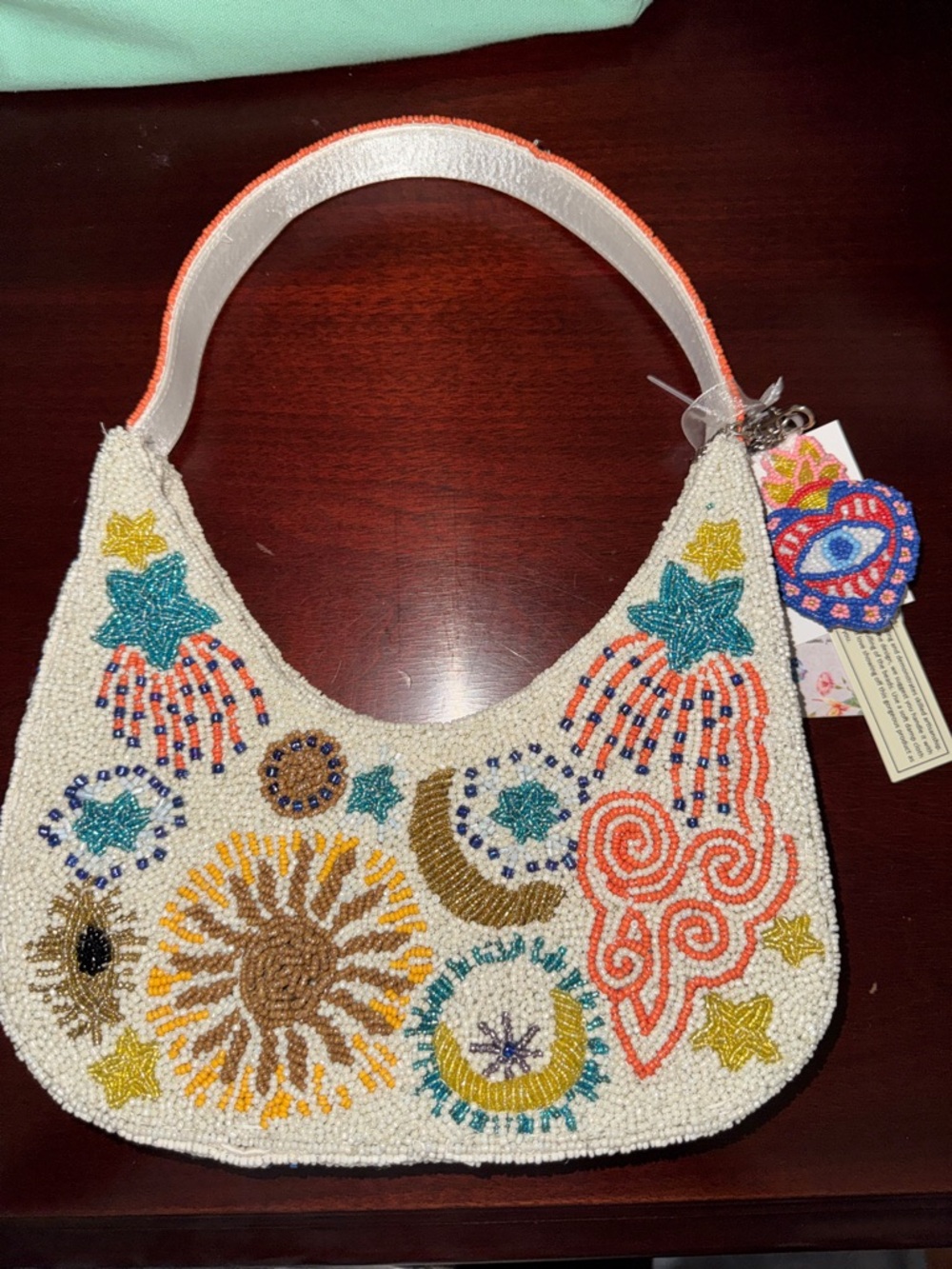 Hand-Beaded Evil Eye Shoulder Bag with Colorful Star & Sun Motifs